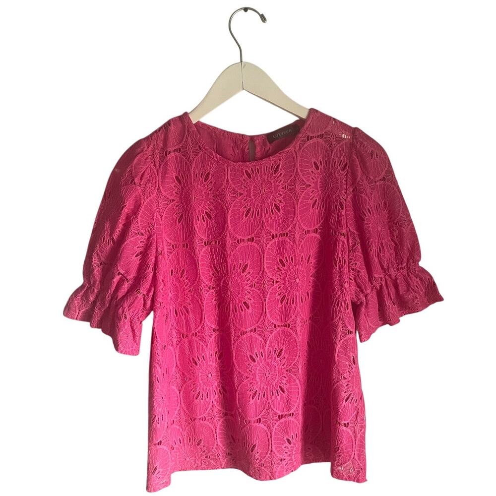 Luxveer Pink Eyelet Floral Blouse Office Work Shirt size Large Ruffle Sleeves